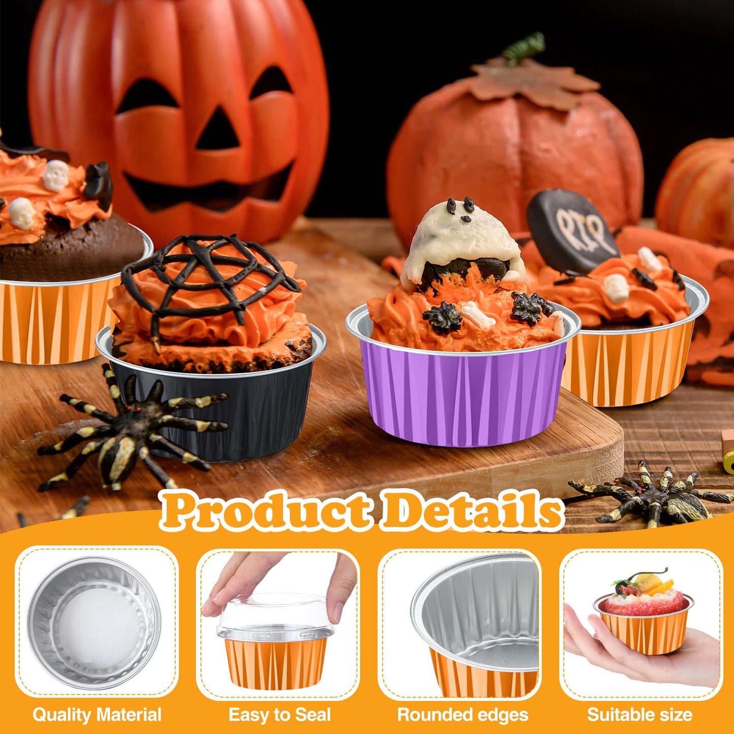 Gandeer 200 Pack Aluminum Foil Cupcake Liners with Lids, 5 oz Round Baking Cup, Disposable Ramekin Container for Graduation Wedding Independence Day Party(Purple, Orange, Black,Halloween)