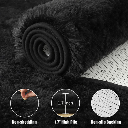 Macgace Fluffy Area Rugs for Bedroom Decor Aesthetic, 5x7 Black Shag Rug with Non-Slip Dots for Living Room, Furry Plush Mat Washable Fuzzy Carpet Modern Home Decor for Kids Nursery Gothic Room