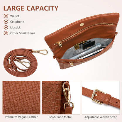 Woven Crossbody Bags for Women, Small Vegan Leather Handbags with Built-in Wallet, Slim Interlaced Shoulder Purse with Adjustable Strap