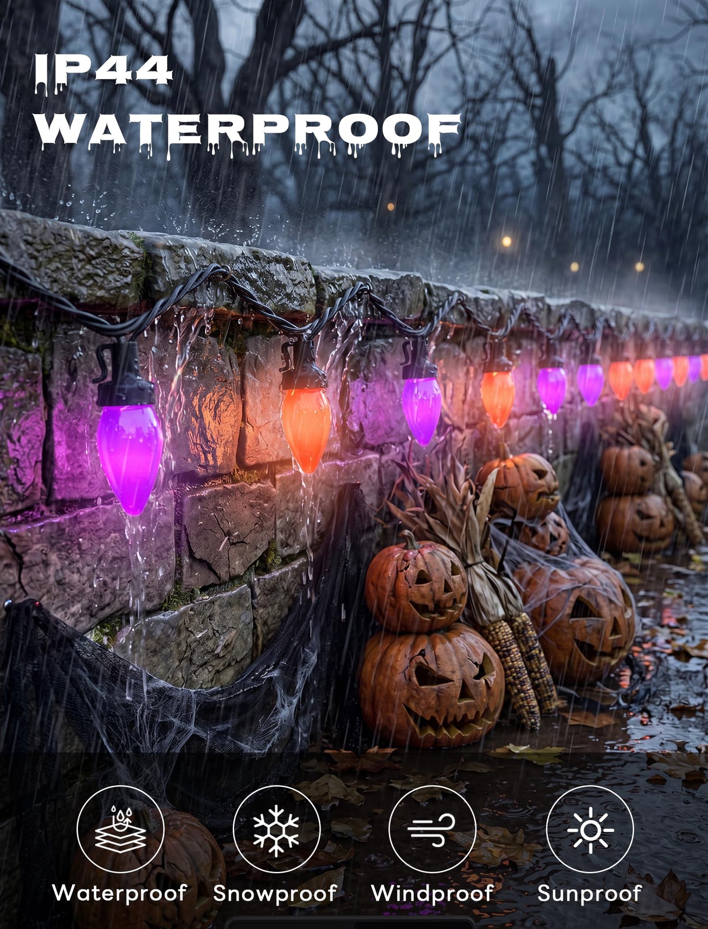 Romasaty Purple and Orange Halloween Lights, 26FT 50 Count Halloween C7 LED String Lights for Indoor/Outdoor Use, Purple Orange Lights for Patio Home Party Garden Yard-Black Wire