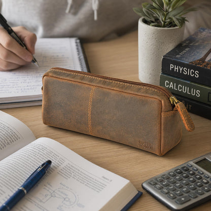 RUSTIC TOWN Leather Pencil Case for Men & Women – Full Grain Leather Pen Pouch with Zipper, Handcrafted Pencil Pouch Organizer for Office, School & Travel