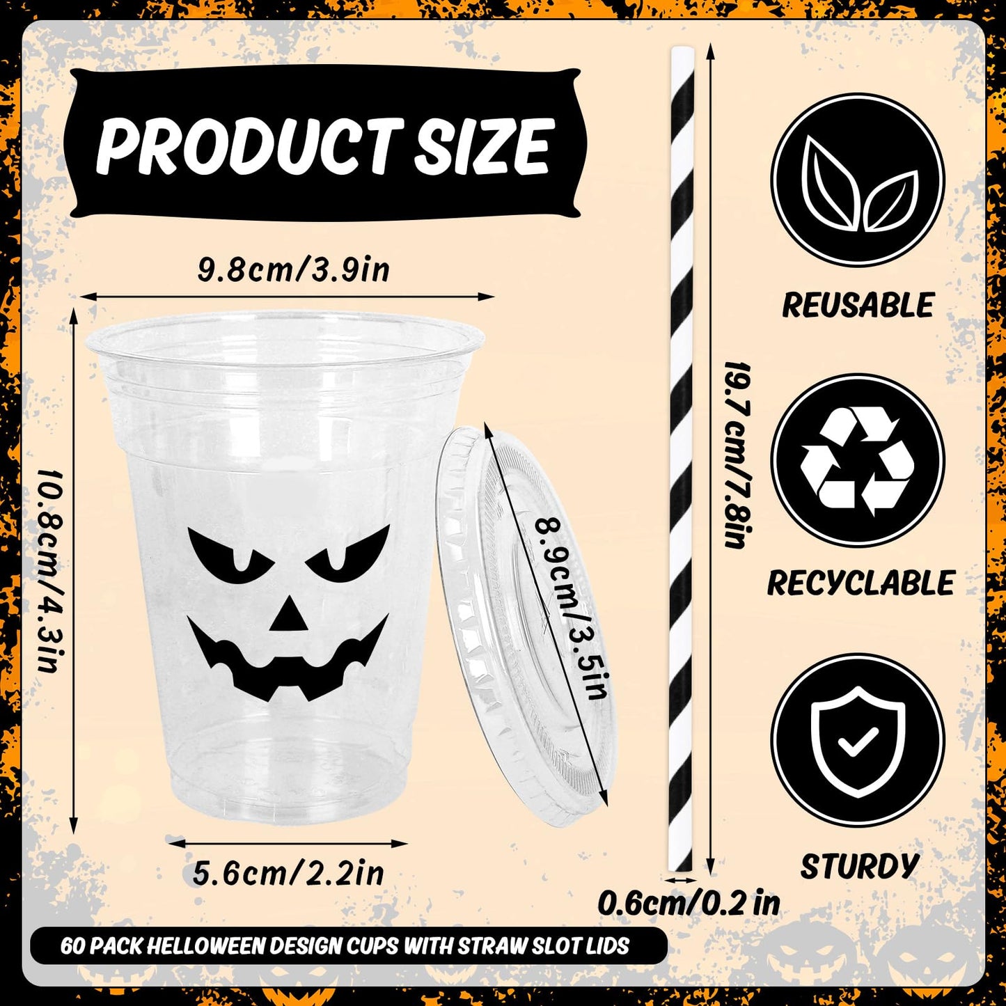 Whaline 60Pcs Halloween Disposable Plastic Cups with Lids and Straws 12oz Jack-O-Lantern Pumpkin Cold Beverage Drinking Cups Scary Printed Party Cup for Trick or Treat Party Supplies