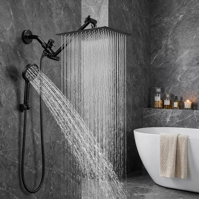 Shower Head, 12‘’ High Pressure Rainfall/Handheld Shower Combo with 11'' Extension Arm, 9 Settings, Anti-leak Shower Head with Holder, Height/Angle Adjustable, Matte Black