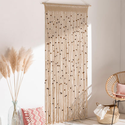 BECHAEO Macrame Beaded Curtain Boho Handmade Cotton Door String Curtain for Doorway Window Wooden Beads Hanging Hippie Room Divider Closet Bedroom Privacy Decor, 1 Panel 79" x 35"