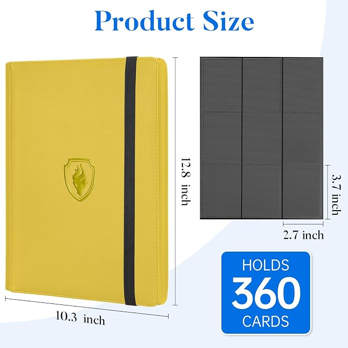 Premium 9 Pocket Card Binder for 360 Cards, Fabmaker PU Cover Trading Card Binder, Sturdy Card Collection Album, Sleek Card Holder Folders for Game Cards & Sports Cards, Yellow