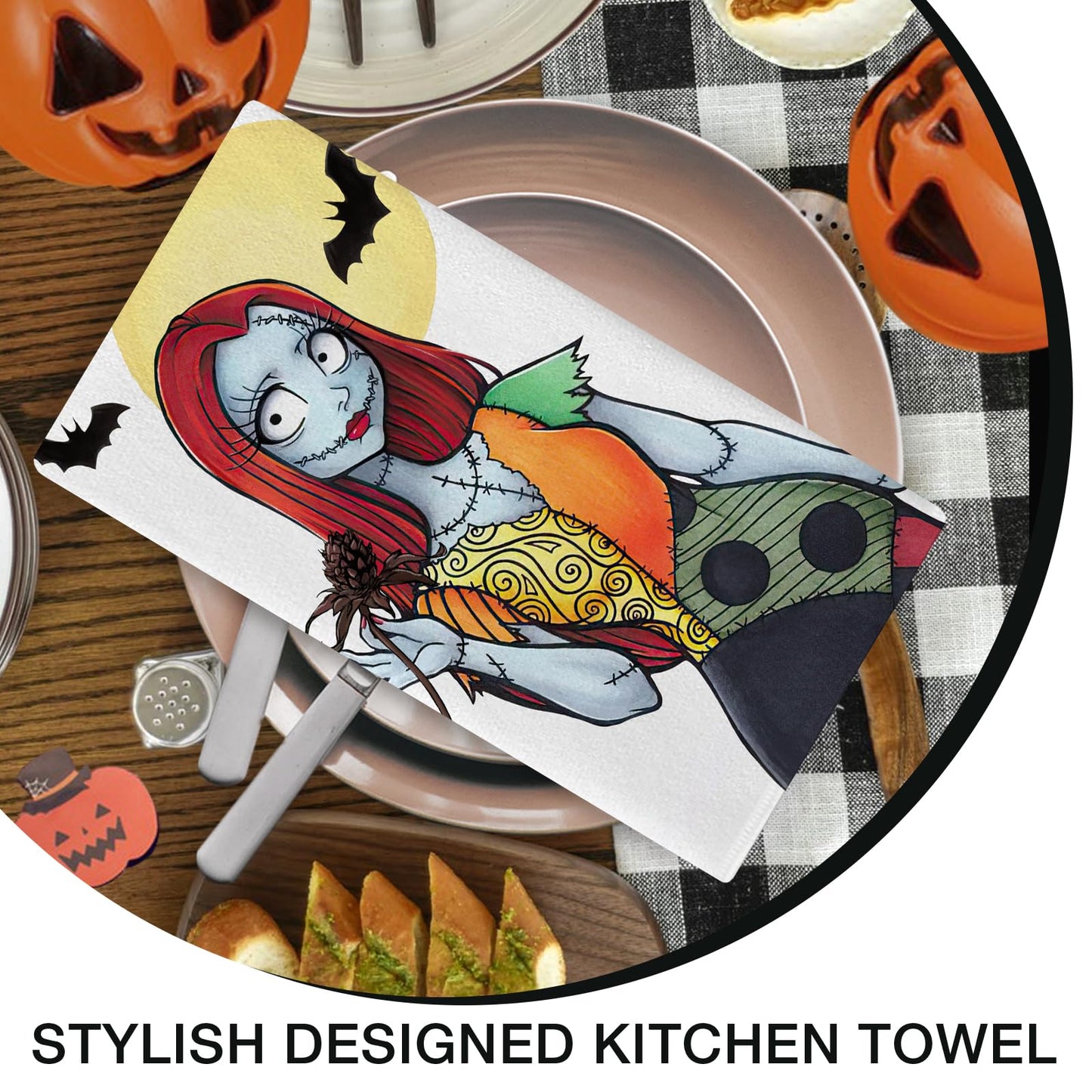 Seliem Jack Kitchen Dish Towels Set of 2, Spooky Sally Hand Towels Drying Baking Cooking Cloth Halloween Christmas Gifts, Funny Ghost Skull Moon Bat Home Kitchen Decor 18 x 26 Inch