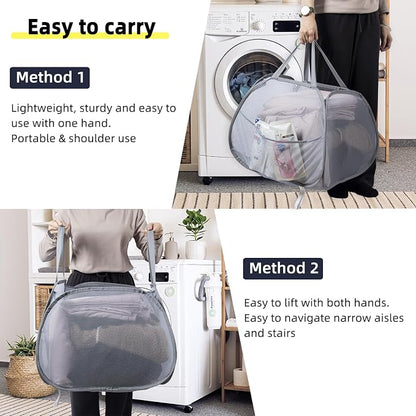 Collapsible Laundry Basket, 90L Foldable Pop-up Laundry Hamper with Handles, Square Mesh Dirty Clothes Hamper for Laundry, Bathroom, Kids Room, Dorm,Travel or Camping (Green)