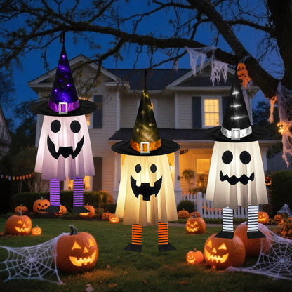 Halloween Decorations Outdoor - 3PCS Halloween Hanging Light up Ghosts, Orange & Purple & White Spooky Glowing Ghost Witch Hat for Garden Yard Tree Haunted Houses Indoor Outside