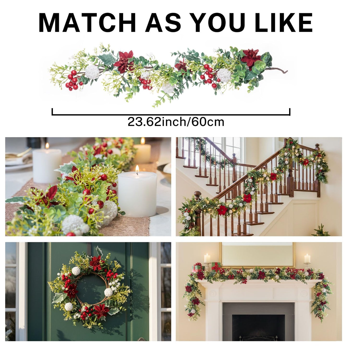 MOYEE Winter Christmas Candle Holder Centerpieces for Tables,Candle Ring, Black Metal Candlestick with an Artificial Wreath 14 in Versatile Dining Table Centrepiece (White Ball Wreath)