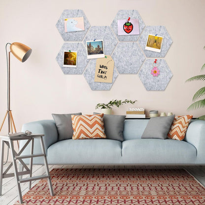 8 Packs Light Grey Hexagon Felt Pin Board, 12" Bulletin Board with 30 Push Pins, Felt Board for Home Kitchen Office Decor, Self-Adhesive Corkboard Tiles for Walls Message Photos Memos Display