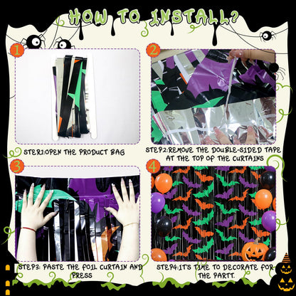 Ycitusi 2 Packs Bat Foil Fringe Curtains - Purple Orange Green Halloween Door Streamers for Photo Backdrop, 3.3 x 6.6 ft Tinsel Curtains for Beetlejuice, Monster or Neon Glow Party Decorations