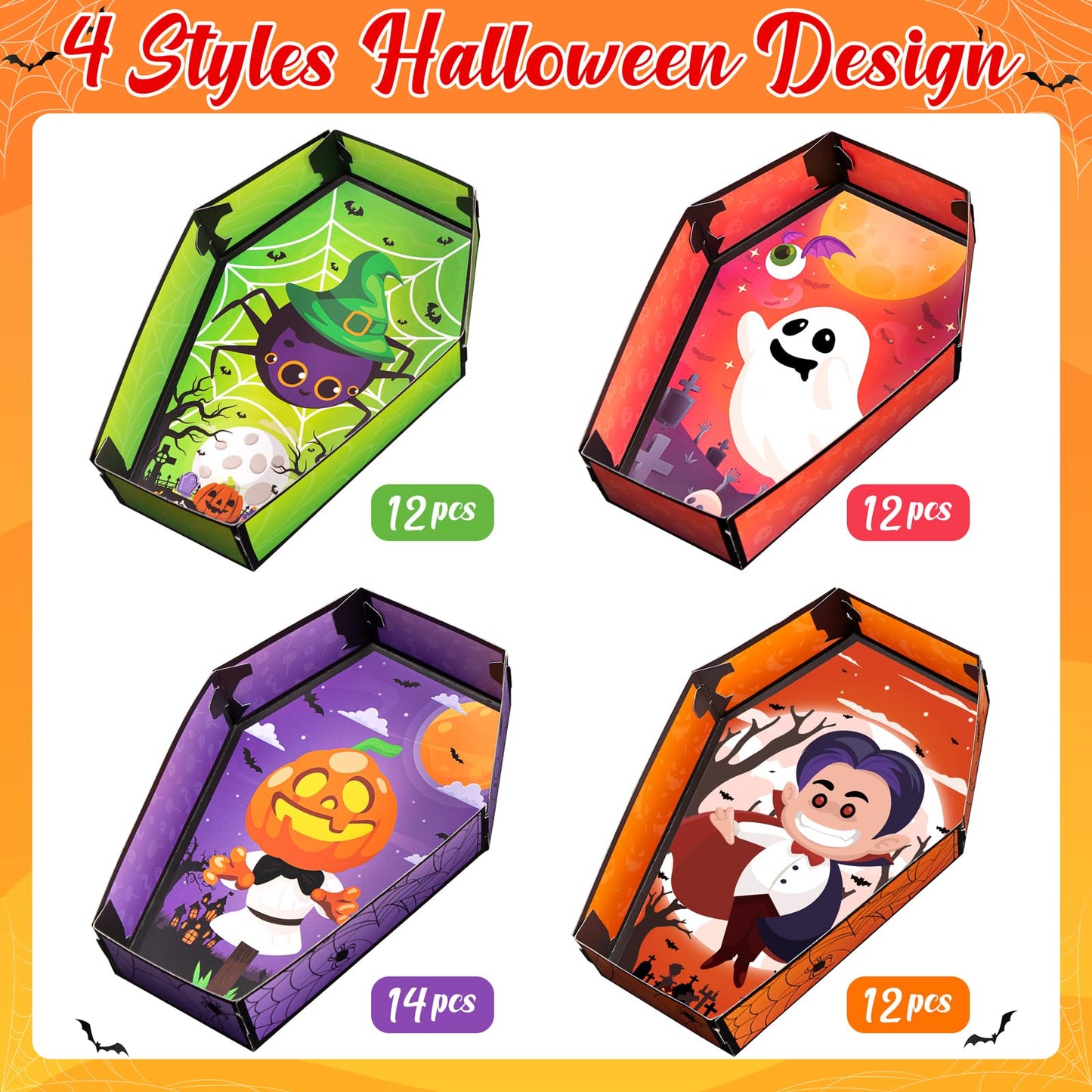 Geefuun 50Pcs Halloween Coffin Serving Food Trays - Vampire Pumpkin Ghost Spider Disposable Snack Paper Dish for Party Decoration Supplies