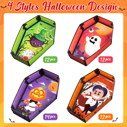 Geefuun 50Pcs Halloween Coffin Serving Food Trays - Vampire Pumpkin Ghost Spider Disposable Snack Paper Dish for Party Decoration Supplies