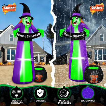 BRDJade 8Ft Halloween Inflatables Witch Outdoor Decorations with Candy Cauldron, Scary Blow Up Witch Holds I Smell Children Banner, Inflatable Halloween Build-in LEDs for Party Yard Lawn Garden Decor