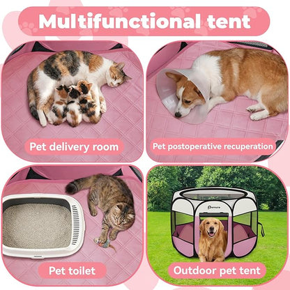 Dog Cat Playpen Indoor Outdoor for Puppy Pet Dogs Cat Recovery After Surgery, Dog Tent Crates Cage Indoor/Outdoor, Portable Pop Up Kennel with Carrying Case for Travel (Pink with Pad, Large)