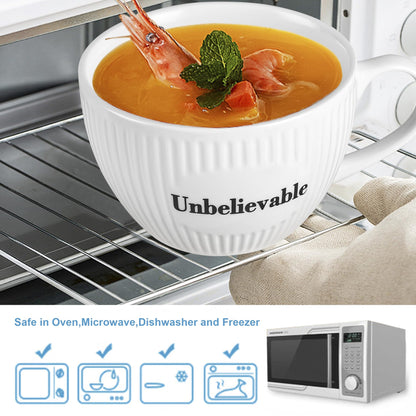 Unbelievable 28 oz Soup Mug, Striped Porcelain Meal Prep Lunchbox with Lid, Funny White Ceramic Sup Bowl with Handle and Cover for Meals or Drinks at Office, Dorm or Home Kitchen, Halloween Fall White