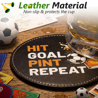 BEADJONE 6 Pack Soccer Coasters for Drinks Set, 3.9" Leather Football Coasters with Holder, Waterproof Tabletop Protection for Home Bar Watch Parties & Game Day Decor, Sports Fans Gifts