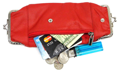 Deluxe Genuine Leather Cigarette and Lighter Case with Zipper Pocket Twist Clasp Kiss Lock Closure Fit 100's -Red
