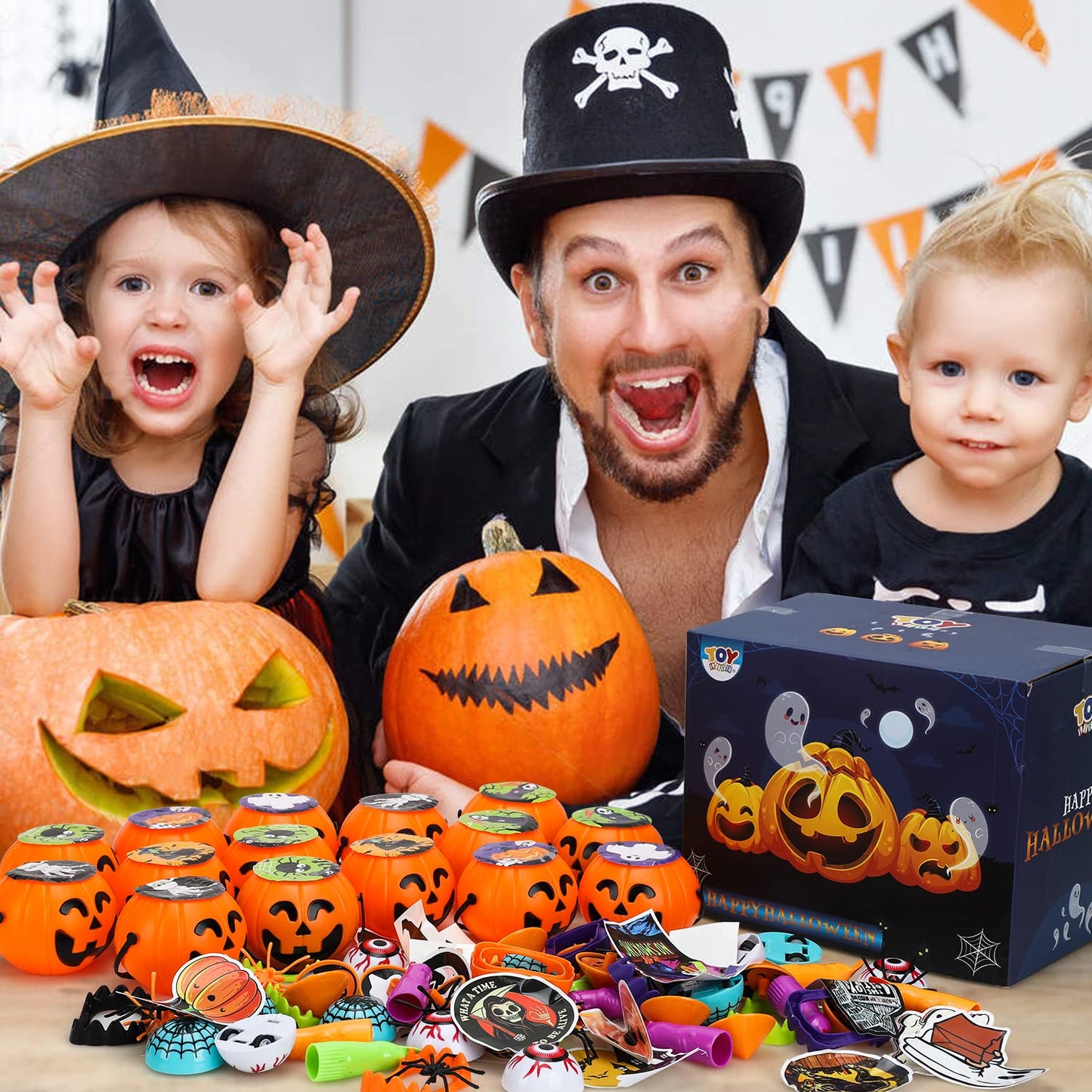 TOY Life Halloween Toys Prefilled Pumpkins Buckets Halloween Party Favors for Kids Bulk, 162Pcs Halloween Pinata Stuffers Mini Bucket Goodies Bag Classroom Prizes Trick or Treats