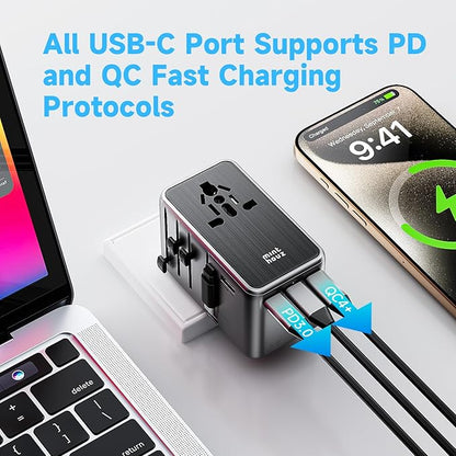 Minthouz Universal Travel Adapter, International 35W Power Adapter GaN Fast Charger with 3 USB-C PD & Cable & 1 USB-A Ports, All-in-One Portable AC Power Plug Adapter for USA EU UK AUS and More