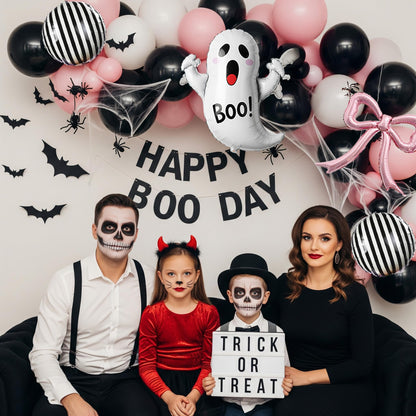 Spooky Halloween Balloon Garland Arch Kit Pink Black Balloons with 3D Bat Ghost Foil Balloons Spider Web for Girls Halloween Birthday Baby Shower BOO Day Party Decorations