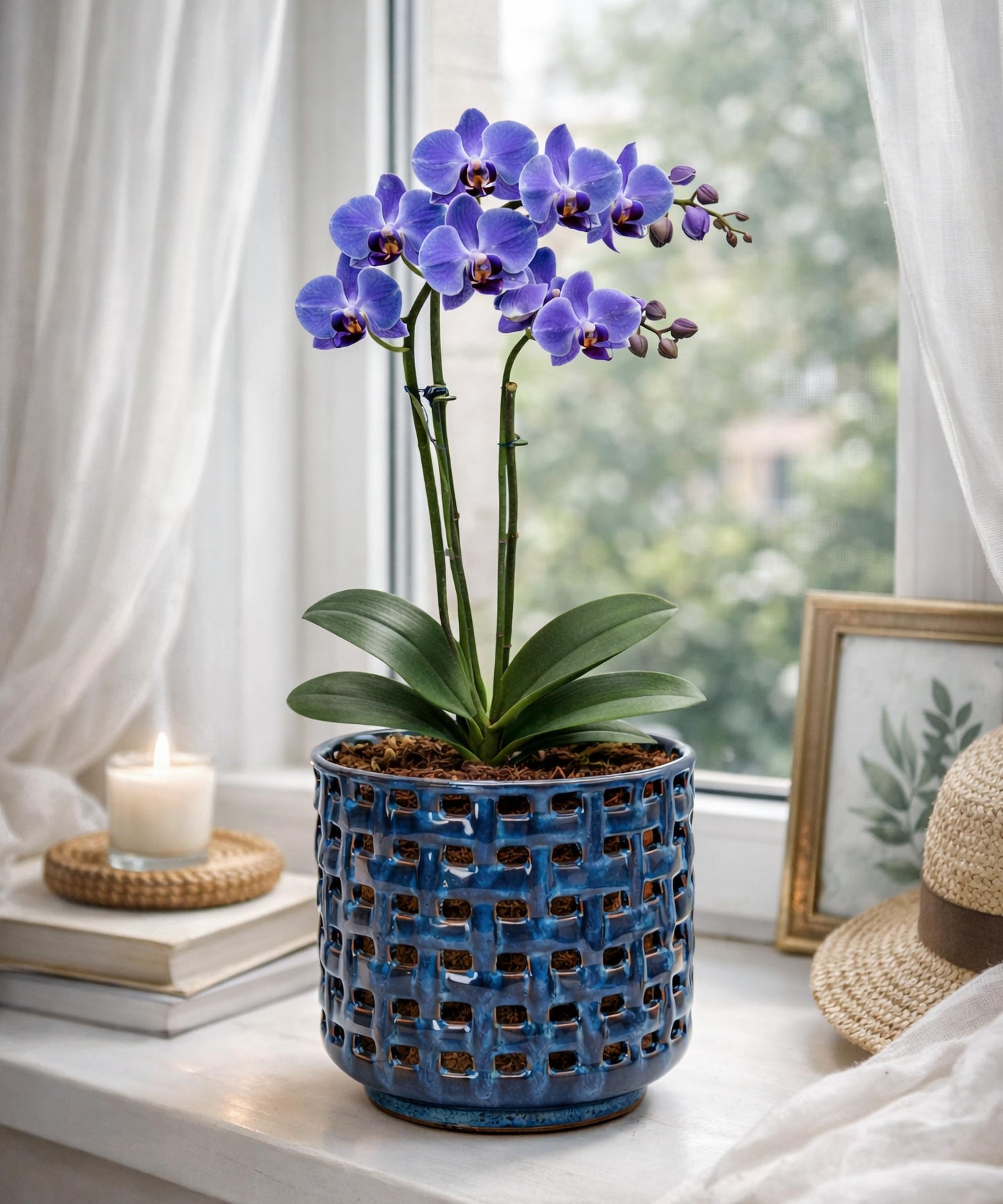 D'vine Dev 4.5 Inch Ceramic Orchid Planter with Lattice Cutout Design, Glazed Cachepot with Clear Nursery Pot & Detachable Saucer for Orchids and Indoor Plants, Pumpkin, 28-A-Z-5