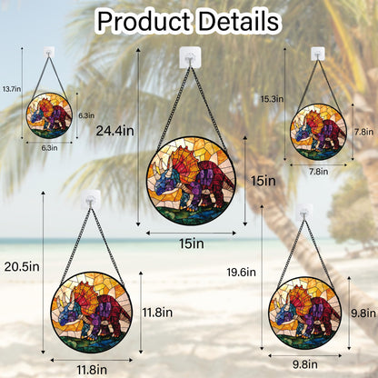 JOSUMALY Stained Glass Window Hanging - Triceratops Abstract Dinosaur Suncatcher for Door Terrace Garden Home Decor, Orange Red Sun Catcher Birthday Gifts for Lovers Women Men Dad Mom Nana 7.8 in
