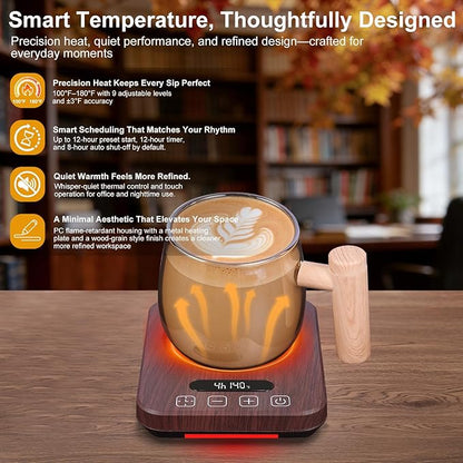 Coffee Mug Warmer with Temperature Control, 36W Electric Mug Heater, 120–180°F Adjustable Desk Cup Warmer with Timer & Auto Shut-Off, Walnut Wood-Grain Finish, for Home & Office, Valentines Day Gifts