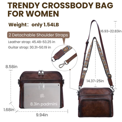 HESHE Genuine Leather Crossbody Bags for Women Satchel Purses Shoulder Handbags with 2 Adjustable Strap Hobo Purse (Coffee)