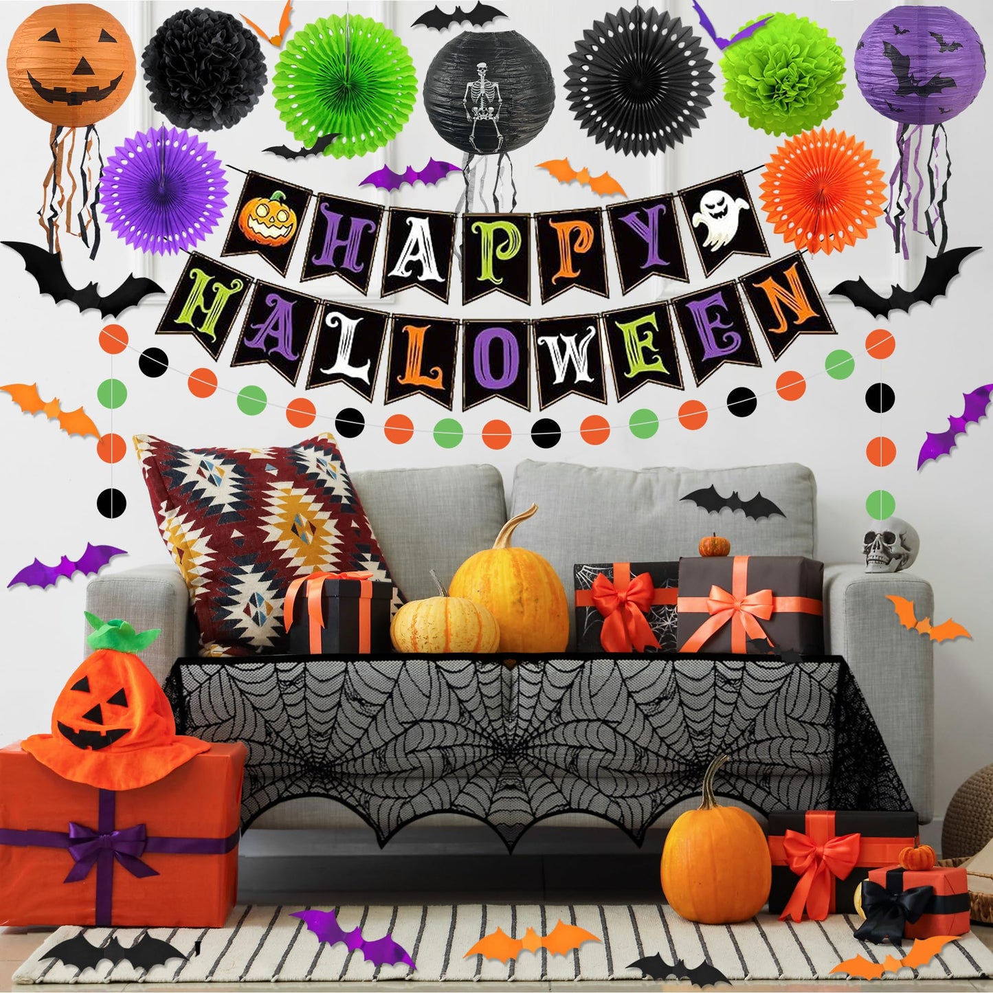 Trgowaul Happy Halloween Decorations Set, 48pcs Halloween Party Supplies, Banner, Paper Fans, Ppaper Lanterns, 3D Bat Sticker, Spider Cobweb Table Cover Fireplace Decor KIt