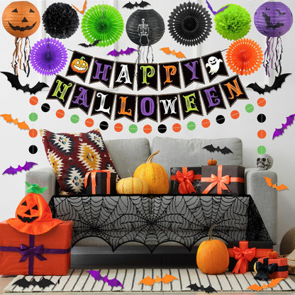 Trgowaul Happy Halloween Decorations Set, 48pcs Halloween Party Supplies, Banner, Paper Fans, Ppaper Lanterns, 3D Bat Sticker, Spider Cobweb Table Cover Fireplace Decor KIt