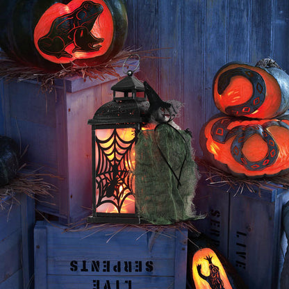 DECORKEY Halloween Decorations Indoor, 14.7" Spider Web Candle Glitter Lantern with LED Lights (8 Modes), Hanging Halloween Lanterns with Witch, Outdoor Home Room Table Party Hocus Pocus Decor