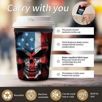 AMZXCFGL 3 Pack Reusable Neoprene Insulator Sleeve for Iced Coffee Cups, Cute Funny Coffee Cup Sleeve, Universal Fit 16-32oz Cups for Hot Cold Beverages Cute Skull Flag