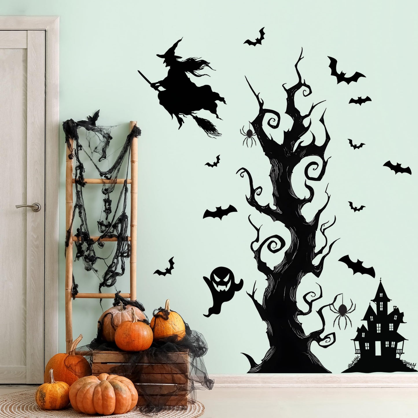 Halloween Wall Decals,Peel and Stick Halloween Theme Decor Stickers,Removable Vinyl Spooky Scary Face Wall Sticker for Holiday Party Decor. (Haunted House Creepy Tree Bats Wall Decals)