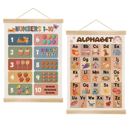 Alphabet Numbers Wall Art Poster Set of 2 ,Boho Educational Canvas Posters for Classroom,1-6 Toddlers ABC and 1-10 Numbers Learning Banner for Preschool Nursery Playroom,Kids Room Decor 14x18.5 Inch