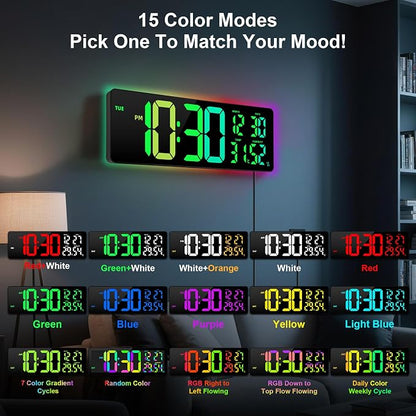 17.3"Large Digital Wall Clock 15 Color Modes Display 8 Color Night Light | Large Number, Elderly-Friendly, Auto-Dimming/DST, Wall Mounted for Home Garage Gym Classroom Office,Gift for Senior Mom Dad