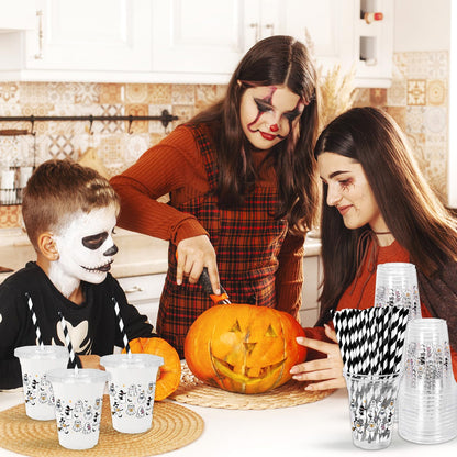 Whaline 50 Pcs Halloween Disposable Plastic Cups with Lids and Straws Spooky Reading Book Ghost Theme Cold Beverage Drinking Cups for Trick or Treat Birthday Party Supplies