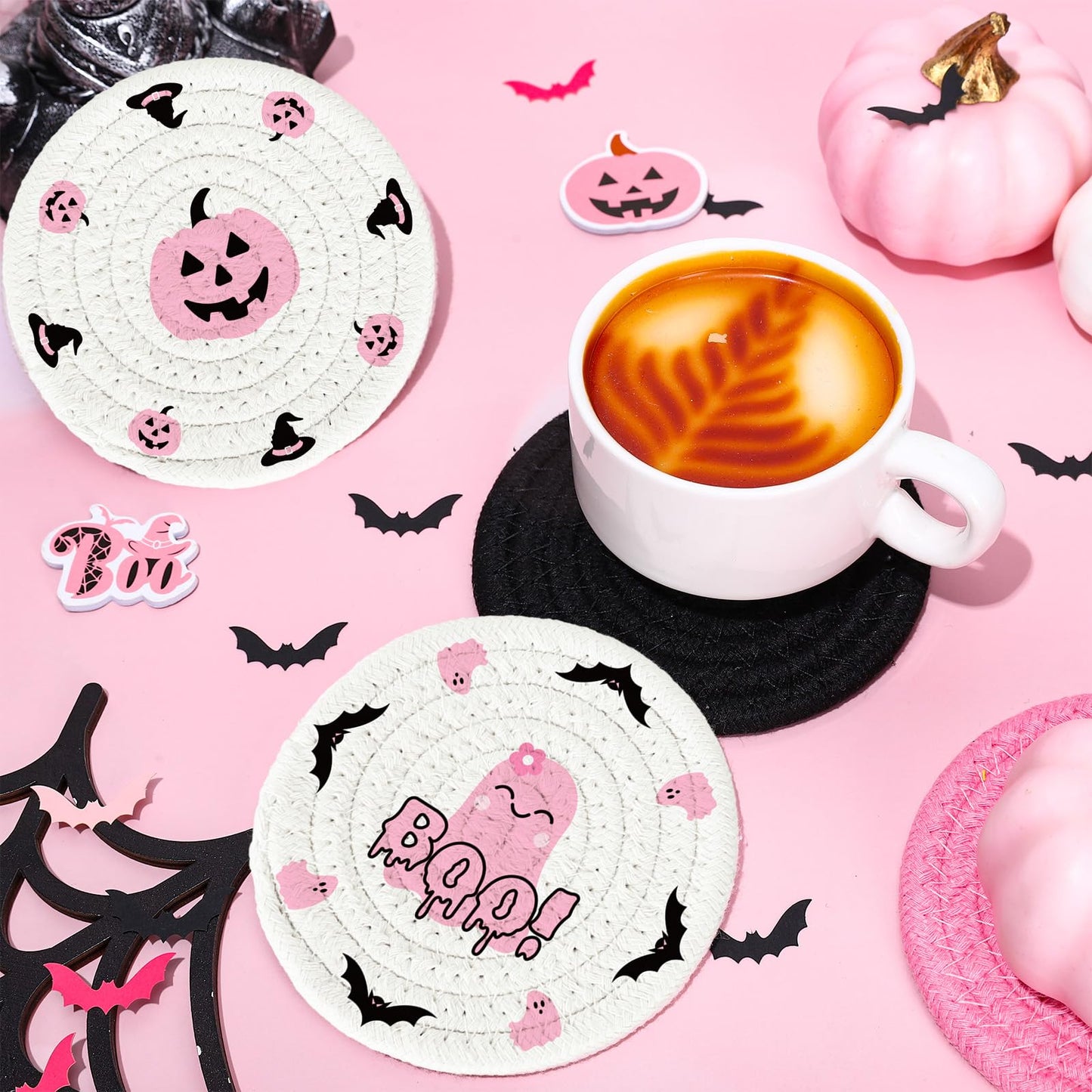Whaline 4Pcs Halloween Handmade Braided Cotton Coasters Pink Black Pumpkin Ghost Boo Drink Coasters Absorbent Cup Mat for Home Office Party Decor, 4.3 Inch