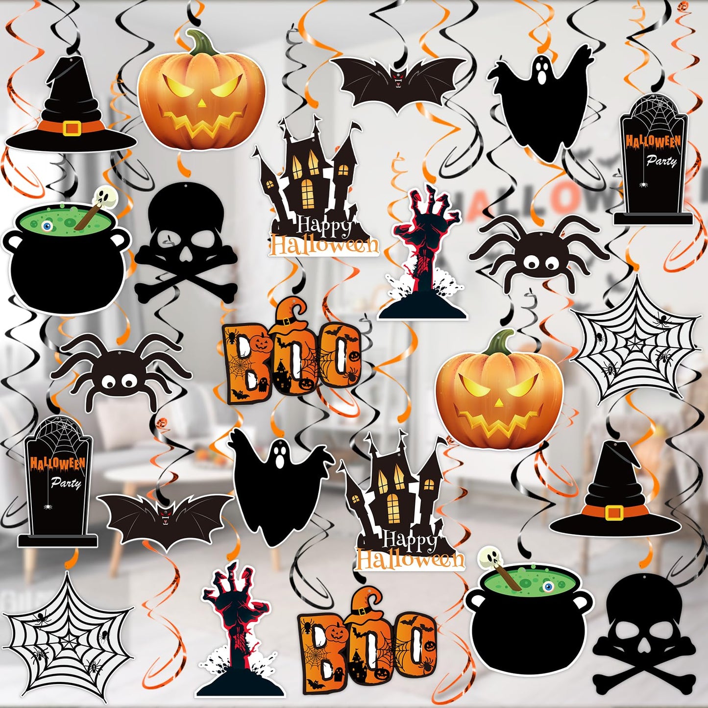PartyGarden Halloween Hanging Swirl Decorations - 36 Pcs Hanging Spooky Ceiling Decor with Ghost, Pumpkin, Skull for Home, Office, Party