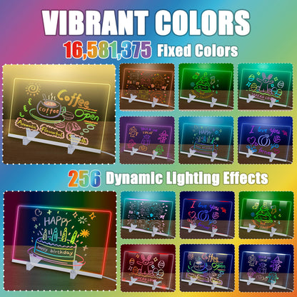 Scratch‑Proof Glass LED Drawing Board with 16 Million Colors & 256 Dynamic Effects, LED Note Board with Colors, Light Up Drawing Board with 12 Pens, Cleaning Cloth & Gloves, 11.81’’X7.87’’
