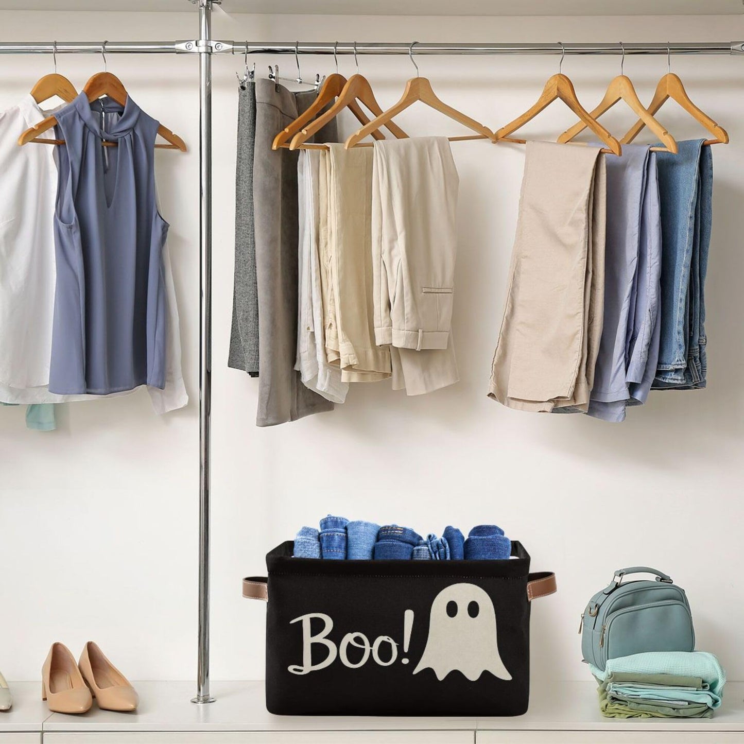 Wamika Halloween Ghost Boo Storage Basket with Waterproof Liner and PU Handles Spooky Bat Skull Storage Bins Boxes 14.2" Collapsible Decorative Organizer Baskets for Bedroom Closet Office 1 Pack