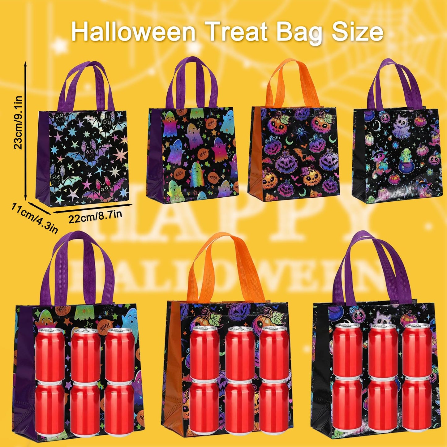 12Pcs Halloween Treat Bags, Medium Halloween Tote Gift Bags with Handles, Reusable Non-woven Bag for Candy Goodies Cookies Snacks, Trick-or-Treat or Horror-themed Party Favors Supplies(8.66 x 4.33 x 9.06 in)