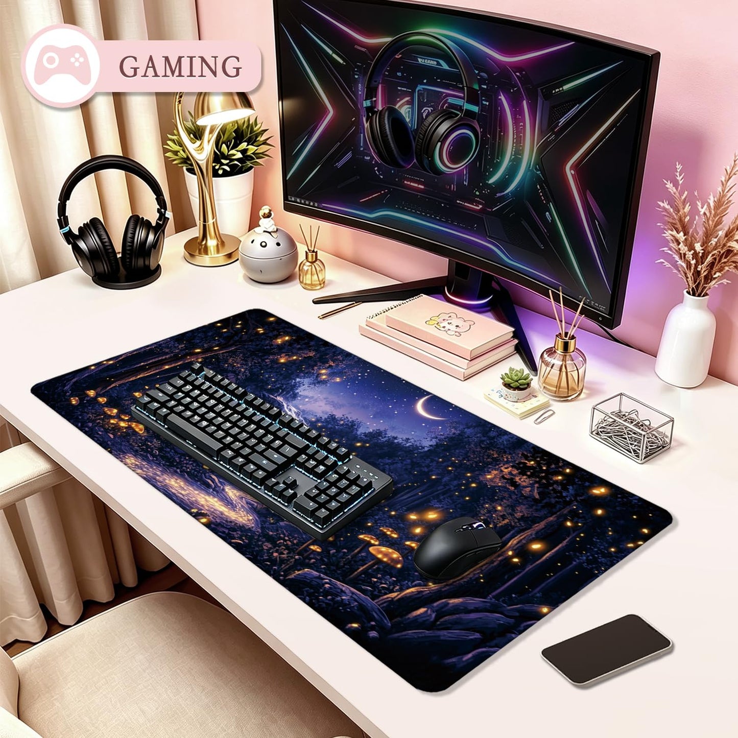 XUNLURY Fantasy Forest Large Mouse Pad Desk Mat, Starry Night Mystical Enchanted Forest Extended Gaming Mousepad, Non-Slip Desk Pad for Home Office Work, 31.5x15.7 Inch