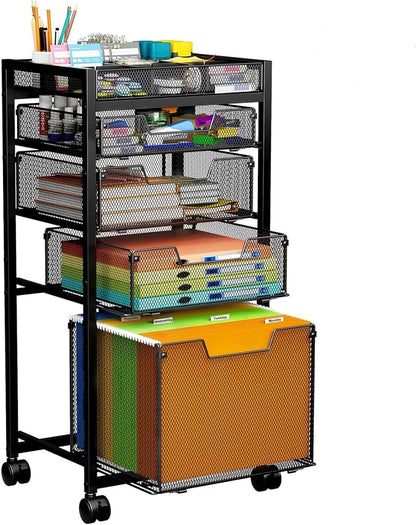 Rolling File Cart with 4 Storage Drawers, Under Desk Organizer with DIY Divider, Moblie Filing Cabinet on Wheels, Fits A4/Letter Size, Metal Utility Cart for Home Office, Black
