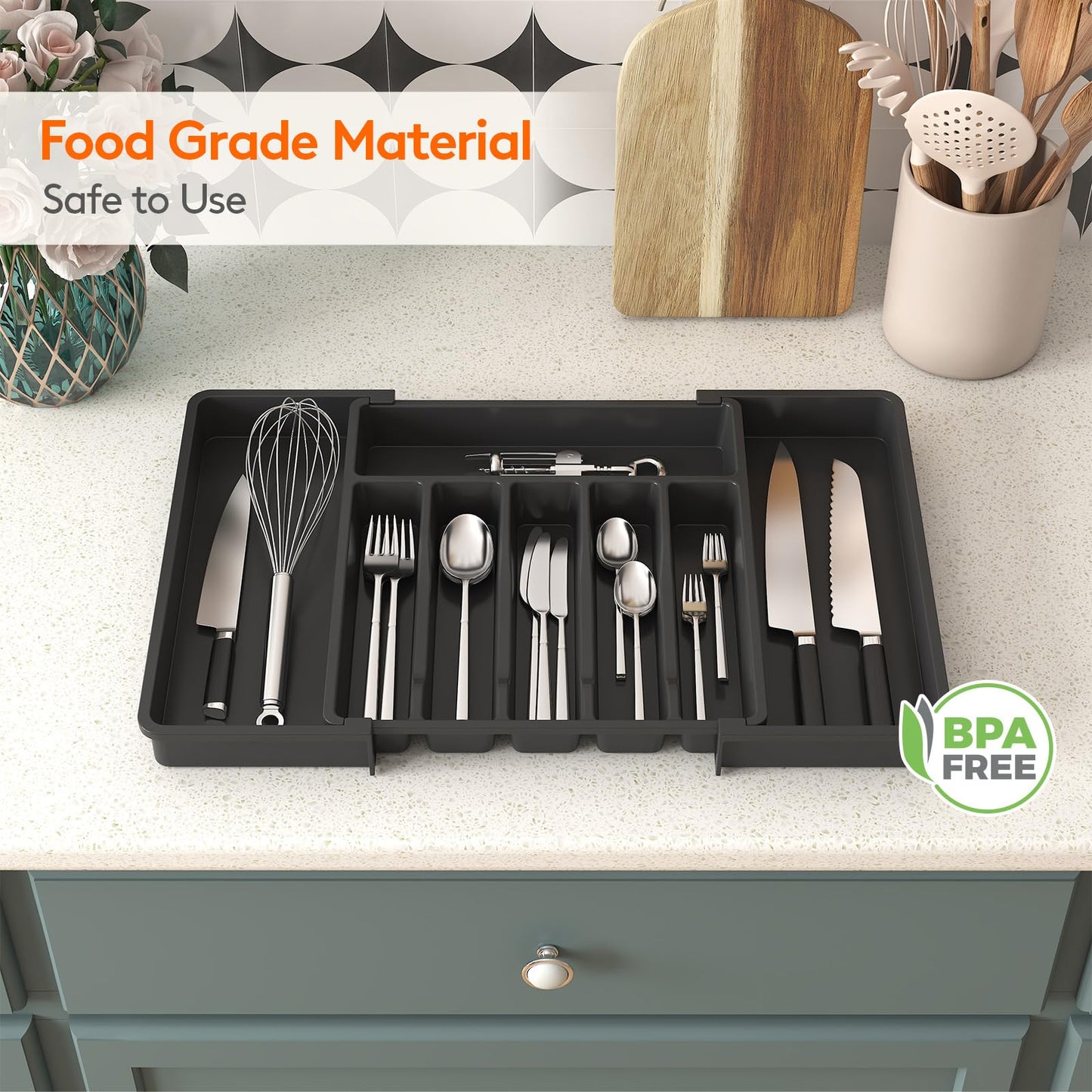 Lifewit Large Silverware Drawer Organizer, Expandable Utensil Tray for Kitchen, BPA Free Flatware and Cutlery Holder, Adjustable Plastic Storage for Spoons Forks Knives, Large, Black