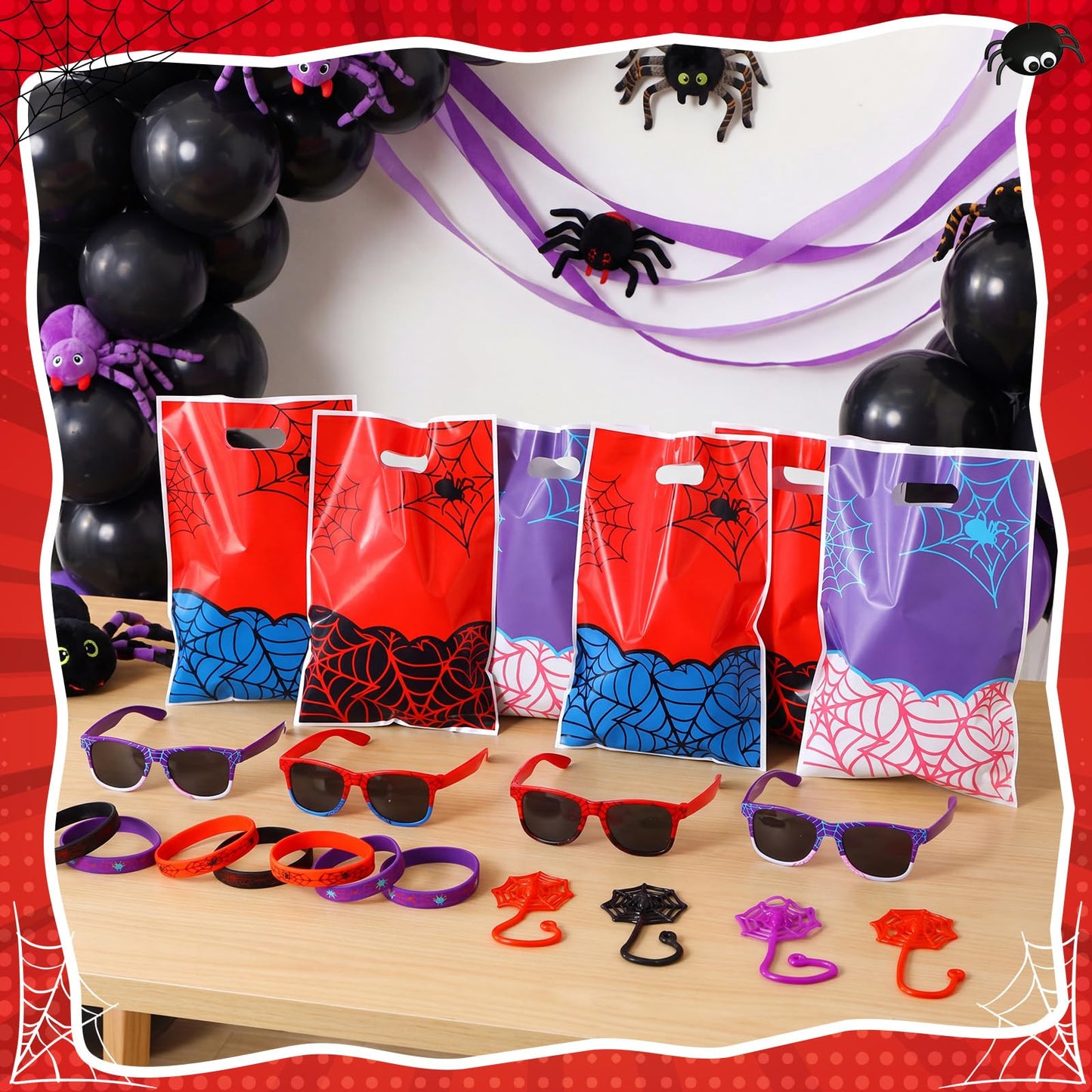 Soulchen 96 Pieces Spiderweb Birthday Party Decoration Set Spiderweb Gift Bags Spider Silicone Bracelet Sunglasses Cobweb Sticky Hands Toys for Birthday Party Supplies Favors (Vibrant)