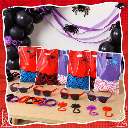 Soulchen 96 Pieces Spiderweb Birthday Party Decoration Set Spiderweb Gift Bags Spider Silicone Bracelet Sunglasses Cobweb Sticky Hands Toys for Birthday Party Supplies Favors (Vibrant)