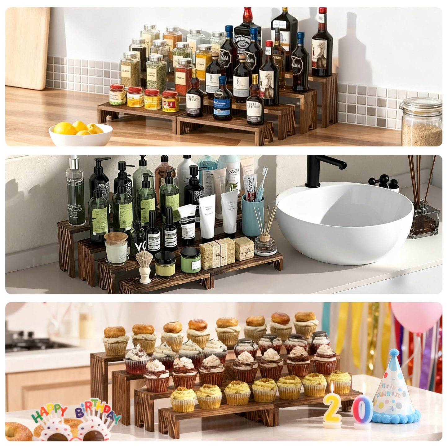 YUZUKYAUY Large 2 Set Stackable Wooden Cupcake Stand Tiered Riser Display Stands for Vendor Events Vendor Booth Display Items Farmhouse Decor Wood Dessert Table Display Set (Dark Brown, 2Pack)