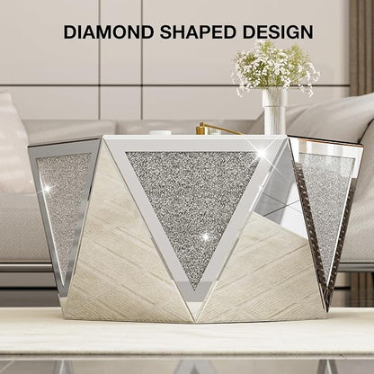 IKIFLY Mirrored Coffee Table with Crushed Diamond, Luxury Hexagon Silver Coffee Table, Living Room Table for Art Deco Office