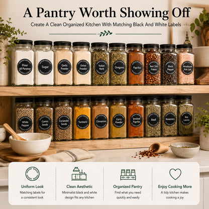 665 Spice Labels Book with A-Z Index, Black Round Pantry Stickers